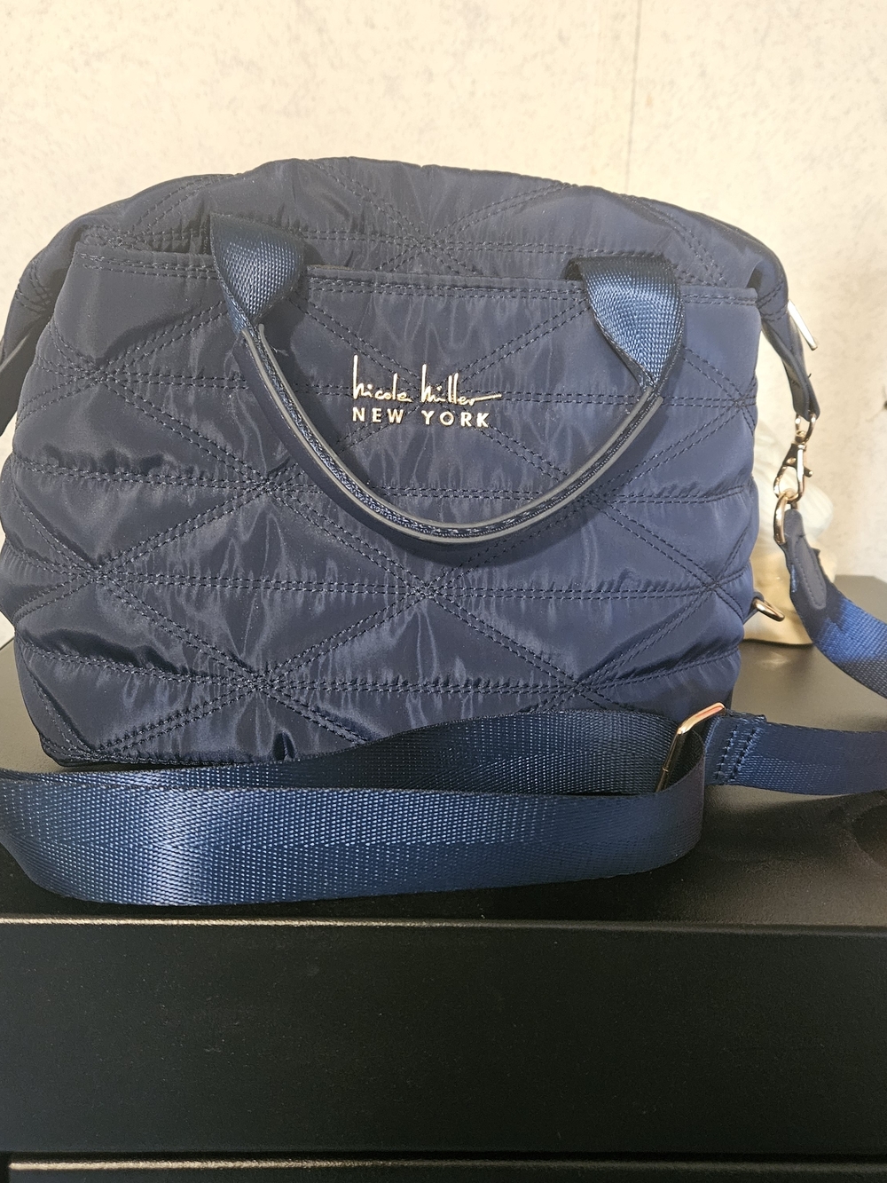 Nicole Miller Quilted Navy Crossbody with Gold Logo